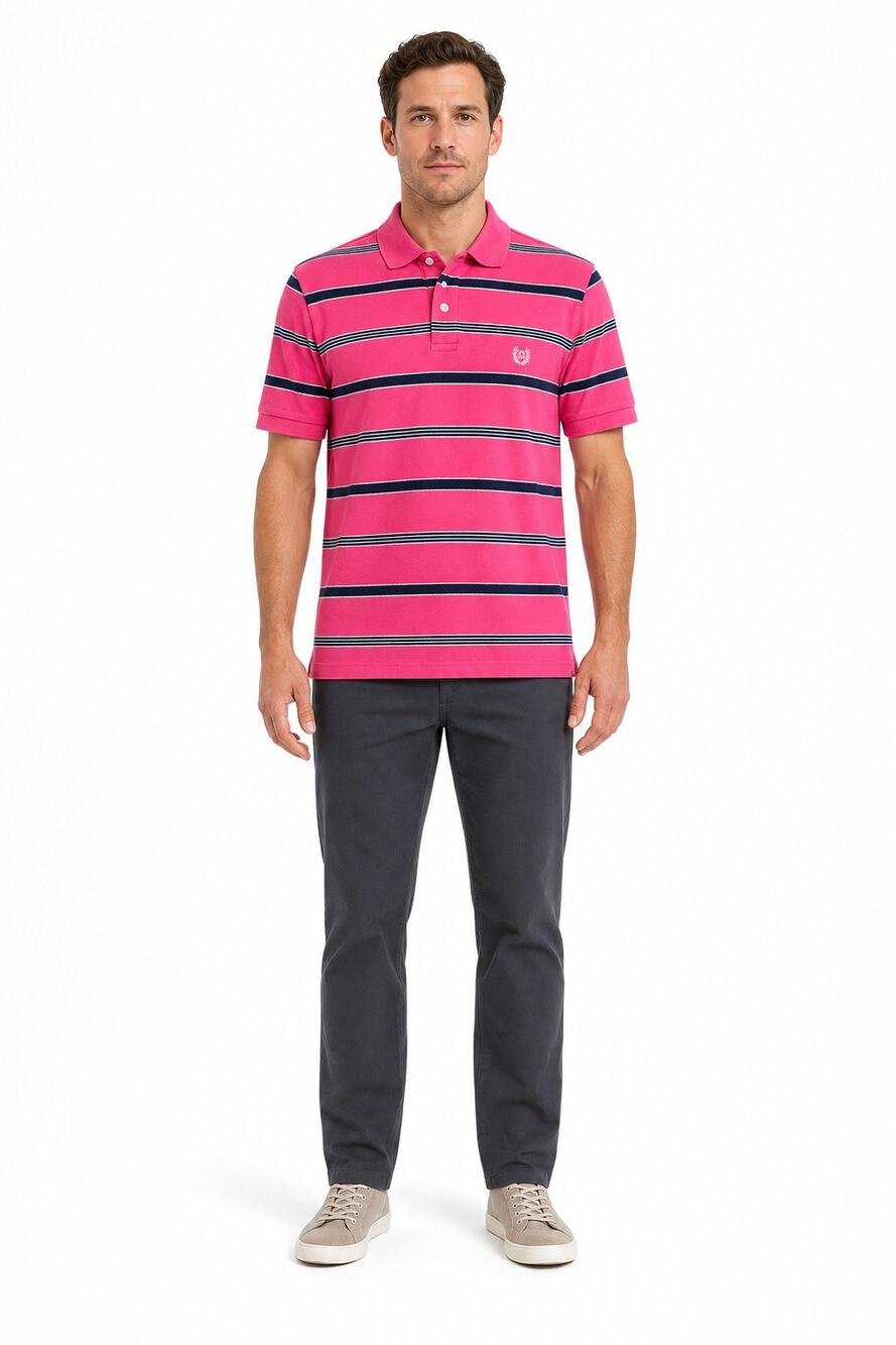 Chaps pink and blue striped polo men's medium short sleeve EUC Career Casual ^
